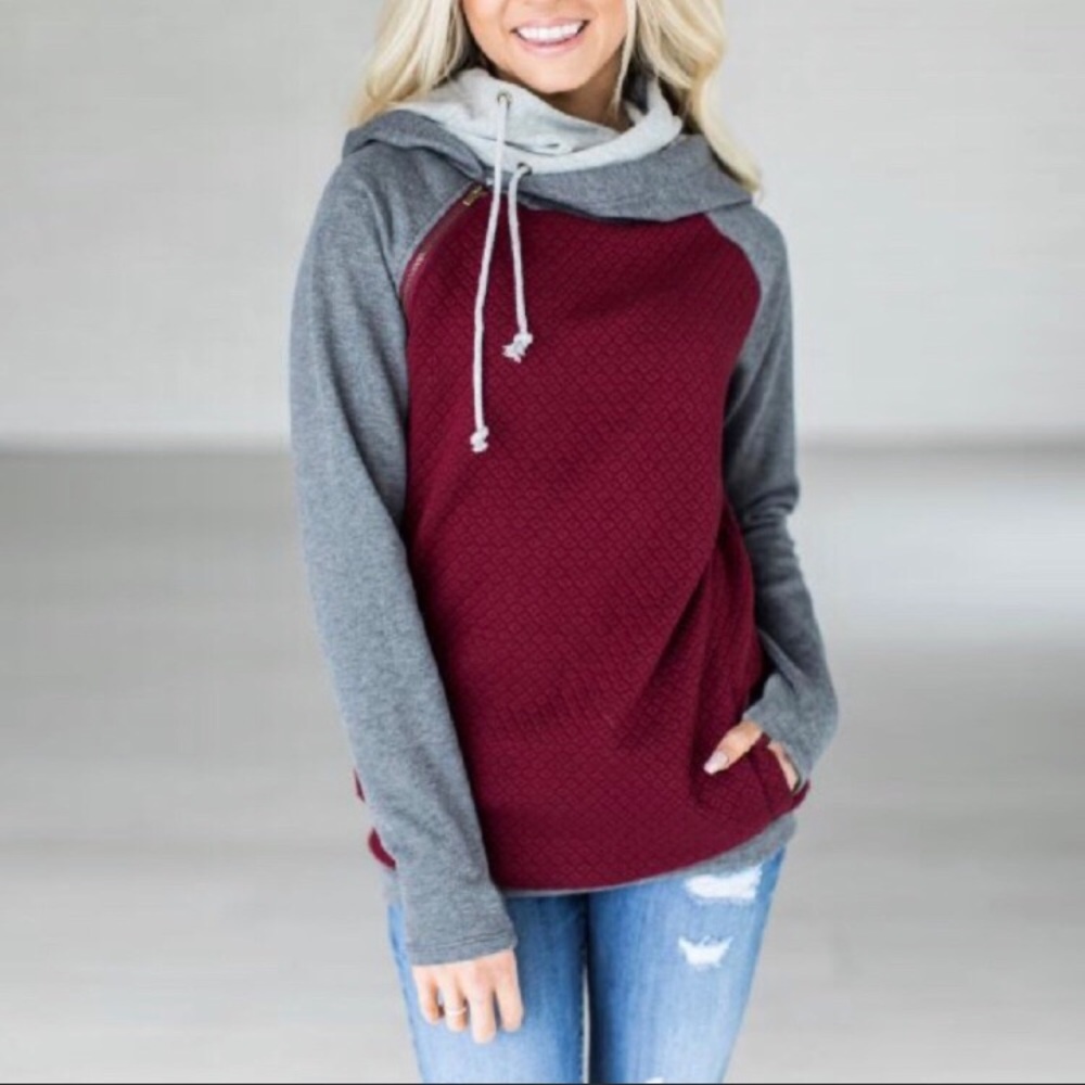 *3 for $30* Maroon Double Hood Quilted  Sweatshirt